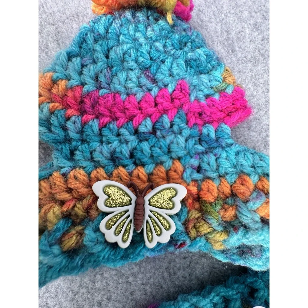 Dog Sweater & Hat Set Small Teal Multicolor Handmade Crochet Pom Pom Puppy